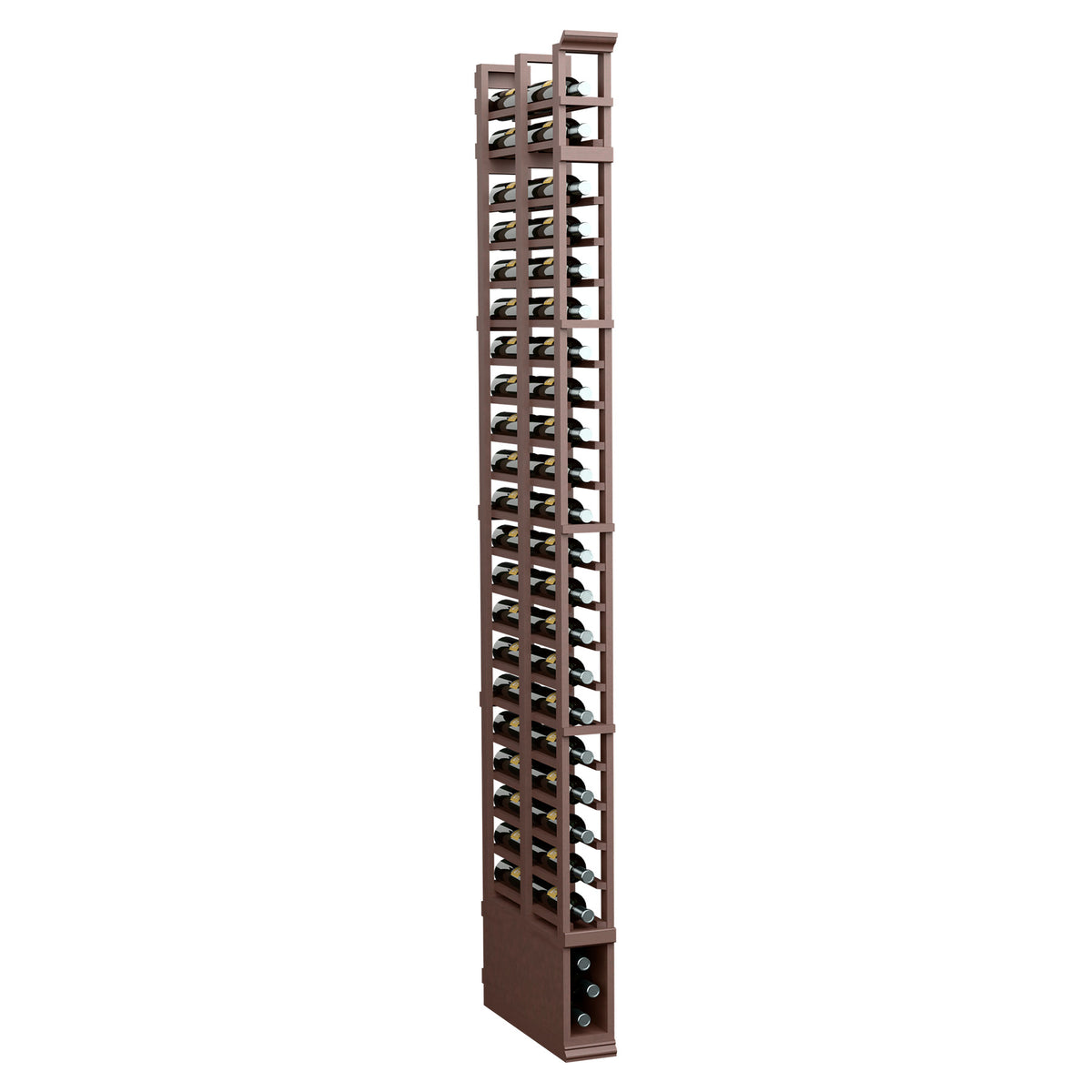 8 ft double deep bottle rack with 1 column, dark brown frame and bottle slots