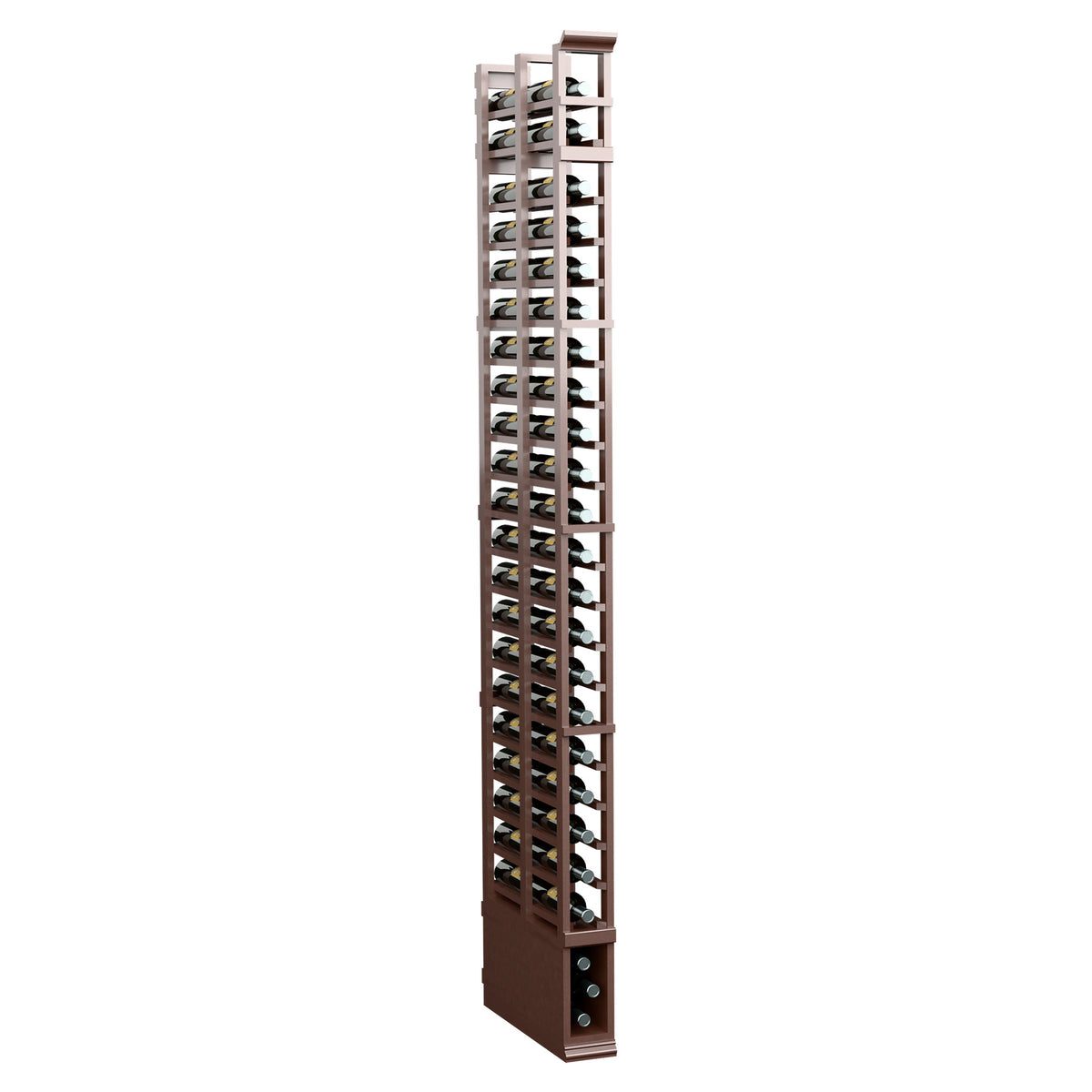 8 ft double deep bottle rack, 1 column, dark brown wood frame and stacked openings