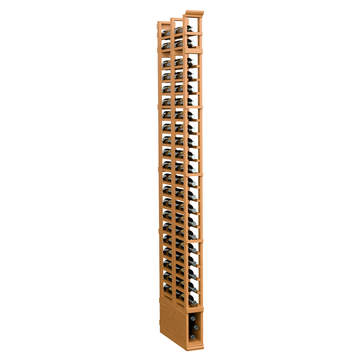 8 ft double deep bottle rack with 1 column, warm wood frame and bottle holders