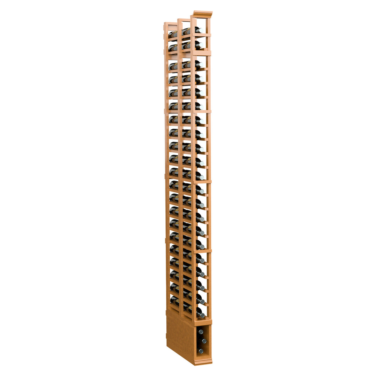 8 ft double deep bottle rack, 1 column, warm wood with horizontal bottle slots