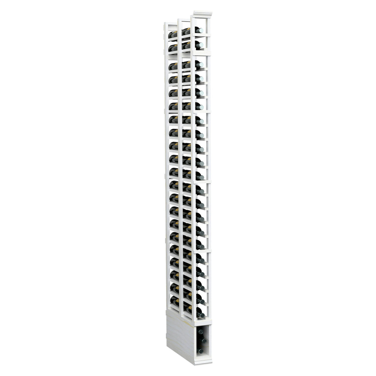 8 ft double deep bottle rack with 1 column, white frame and stacked bottle openings
