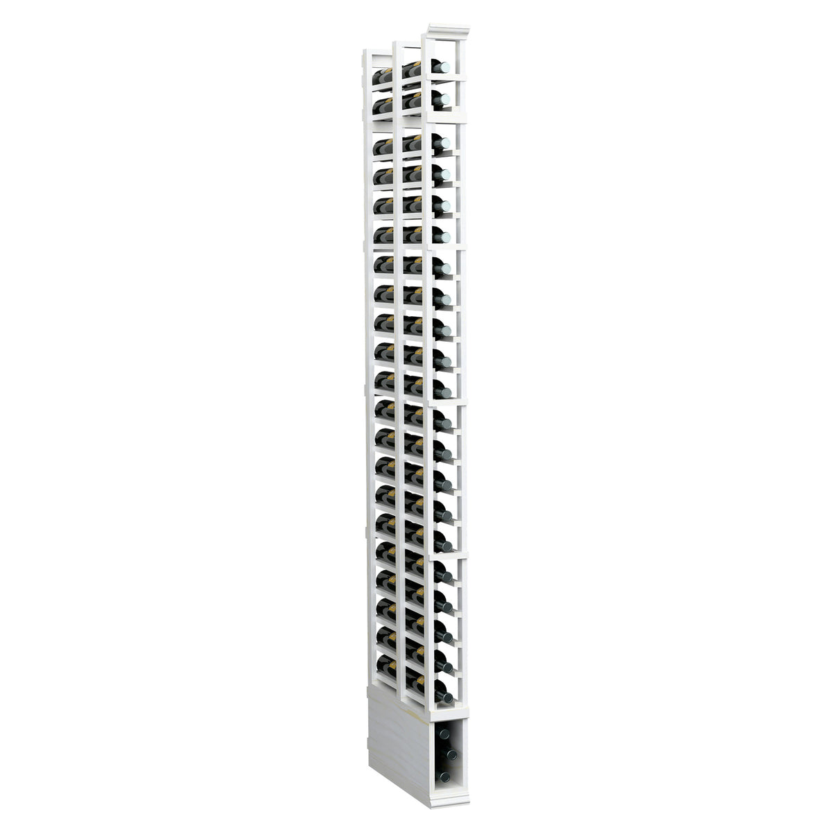 8 ft double deep bottle rack, 1 column, white wood frame with front bottle slots