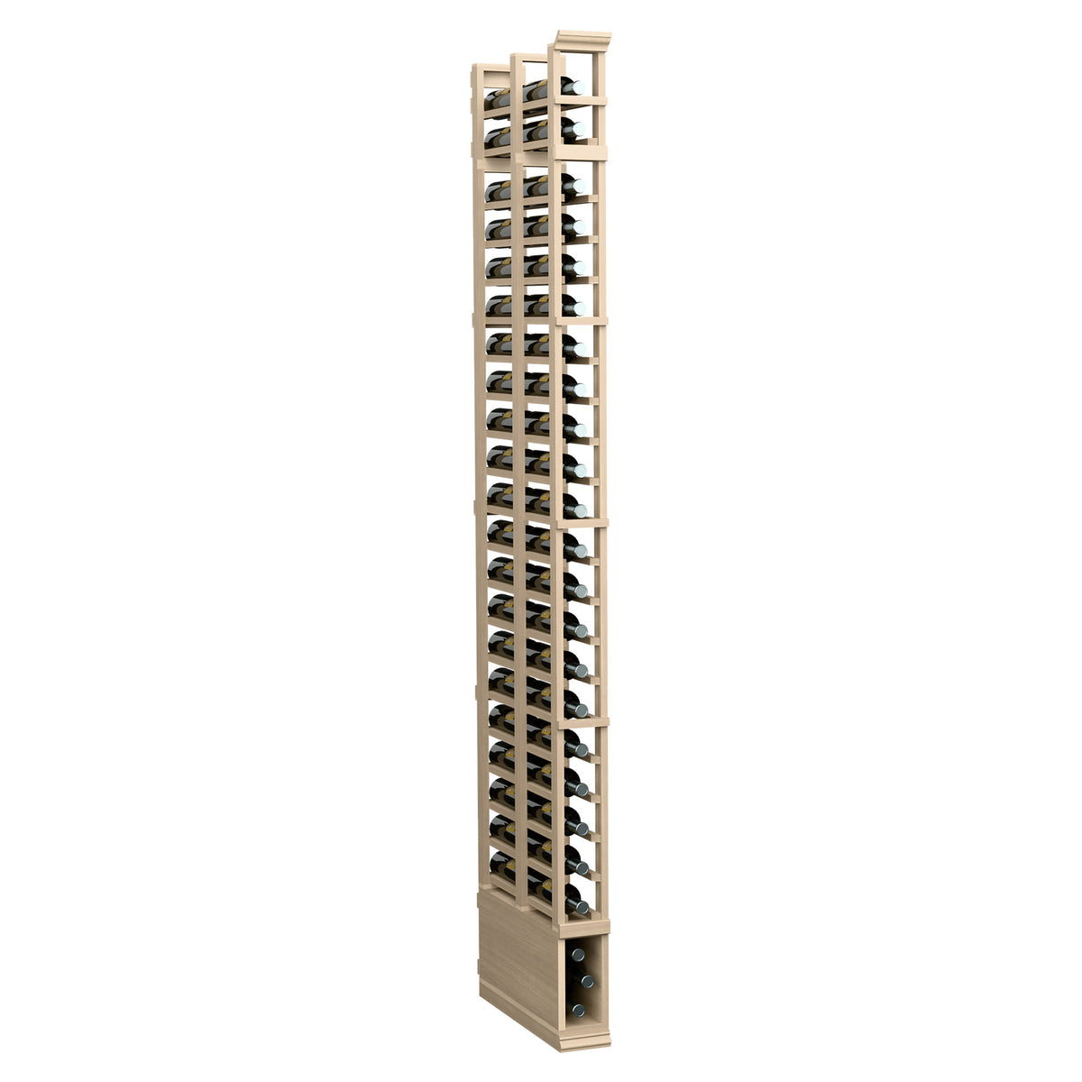 Tall wooden bottle rack with two rows of circular pegs