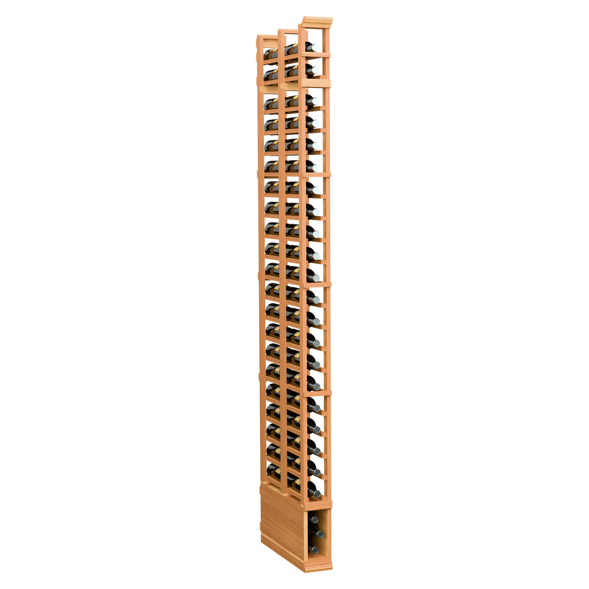Tall warm wood bottle rack with two rows of circular bottle pegs