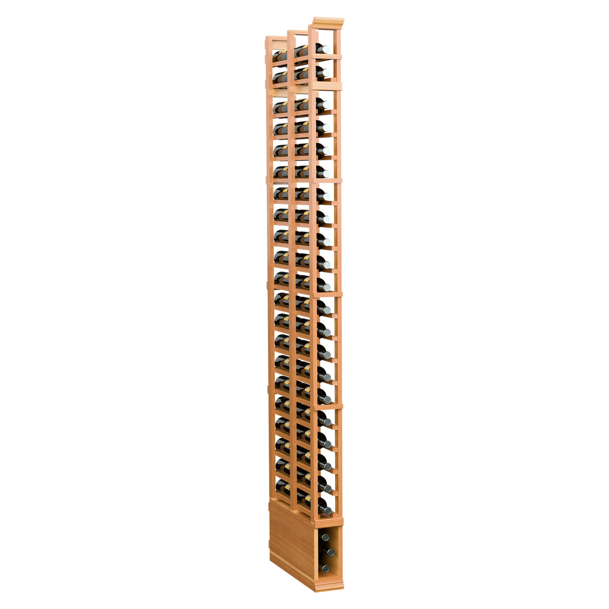 Tall orange-toned wooden bottle rack with two rows of circular pegs