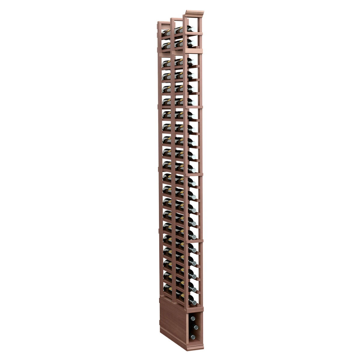 Tall medium-brown wooden bottle rack with two rows of circular pegs