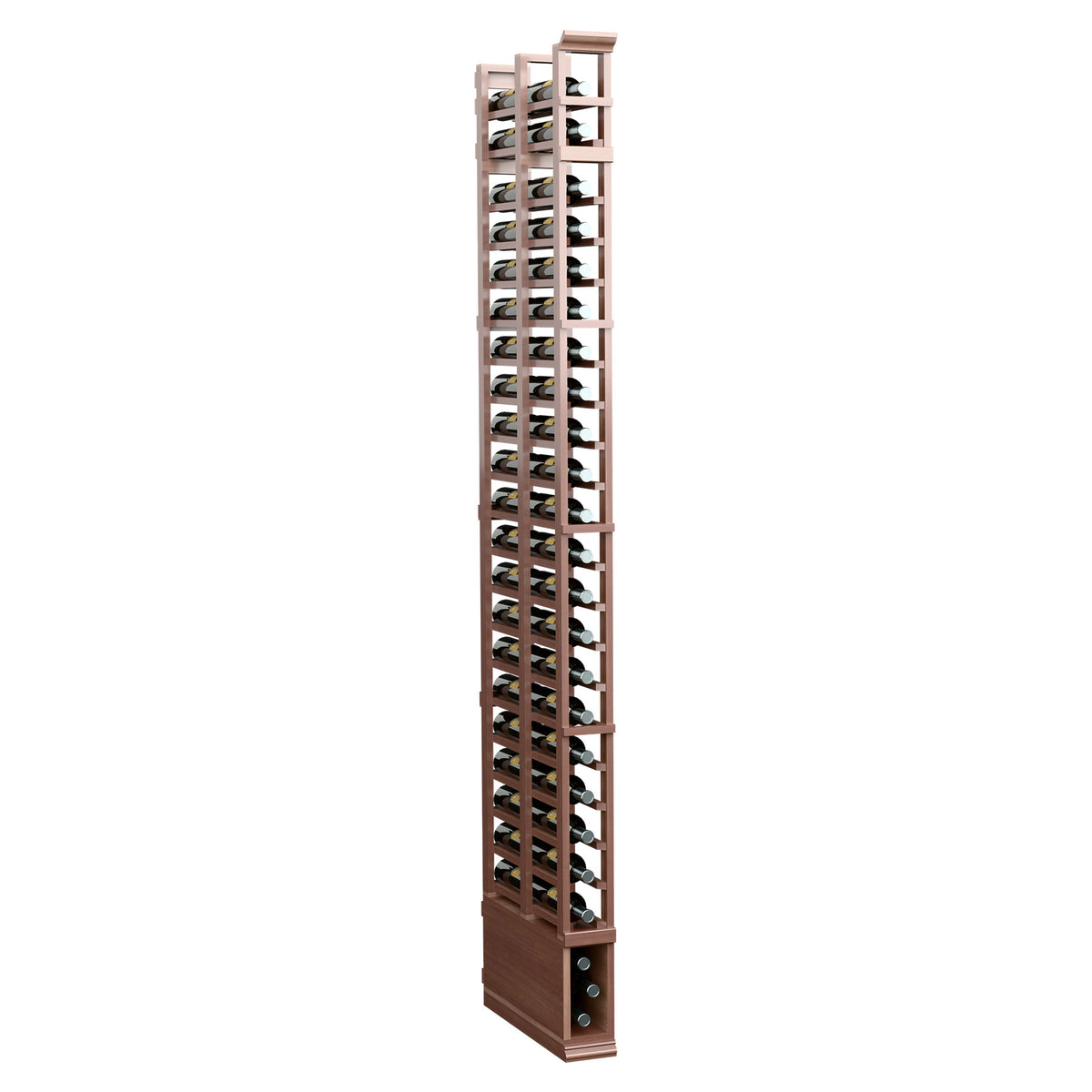 Tall dark-brown wooden bottle rack with two rows of circular bottle pegs