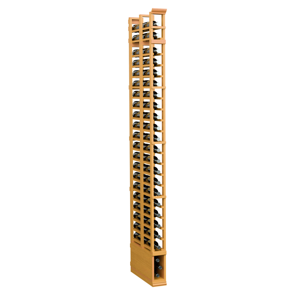 Tall golden wood bottle rack with two rows of circular pegs