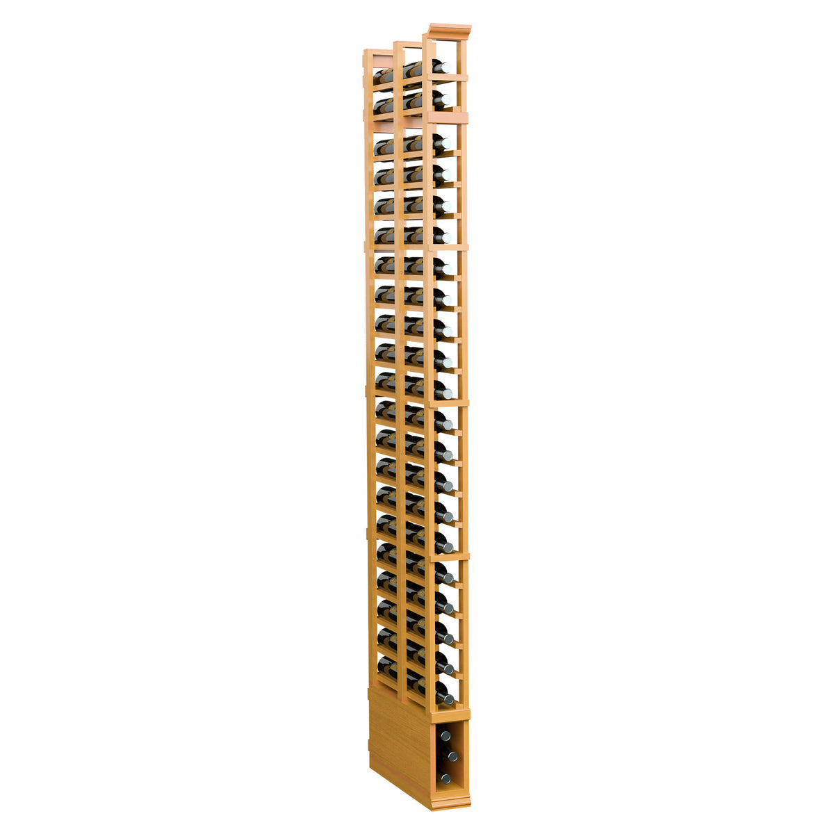 Tall yellow-toned wooden bottle rack with two rows of circular pegs