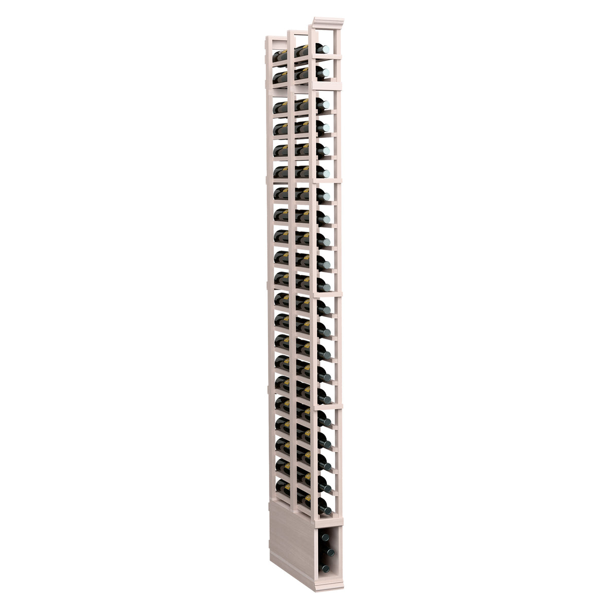 Tall white-stained wooden bottle rack with two rows of circular pegs