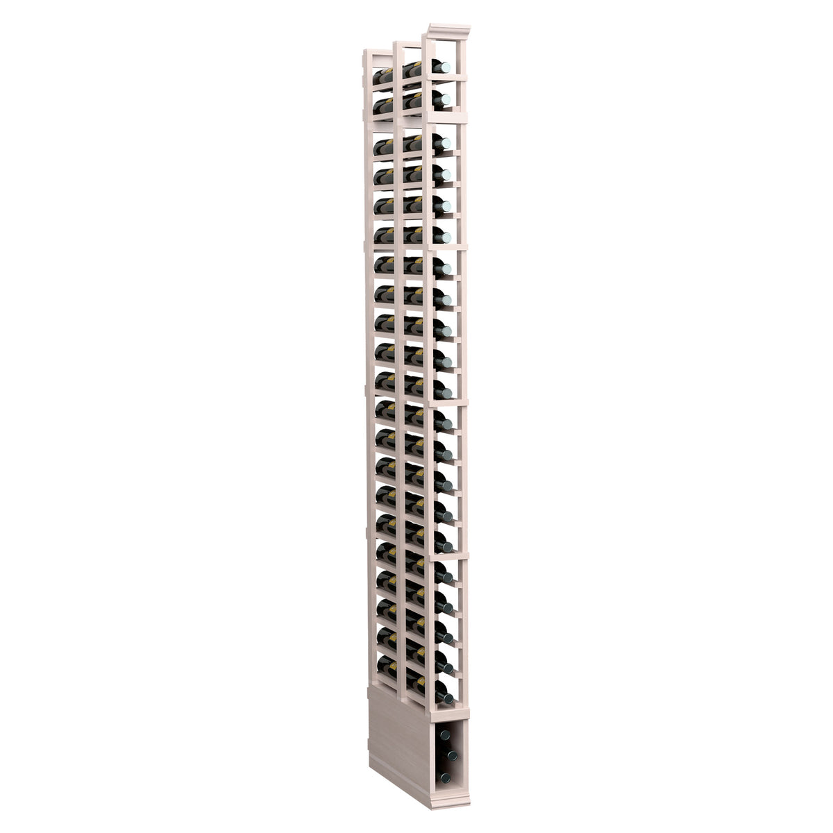 Tall light wooden bottle rack with two rows of circular pegs and base section