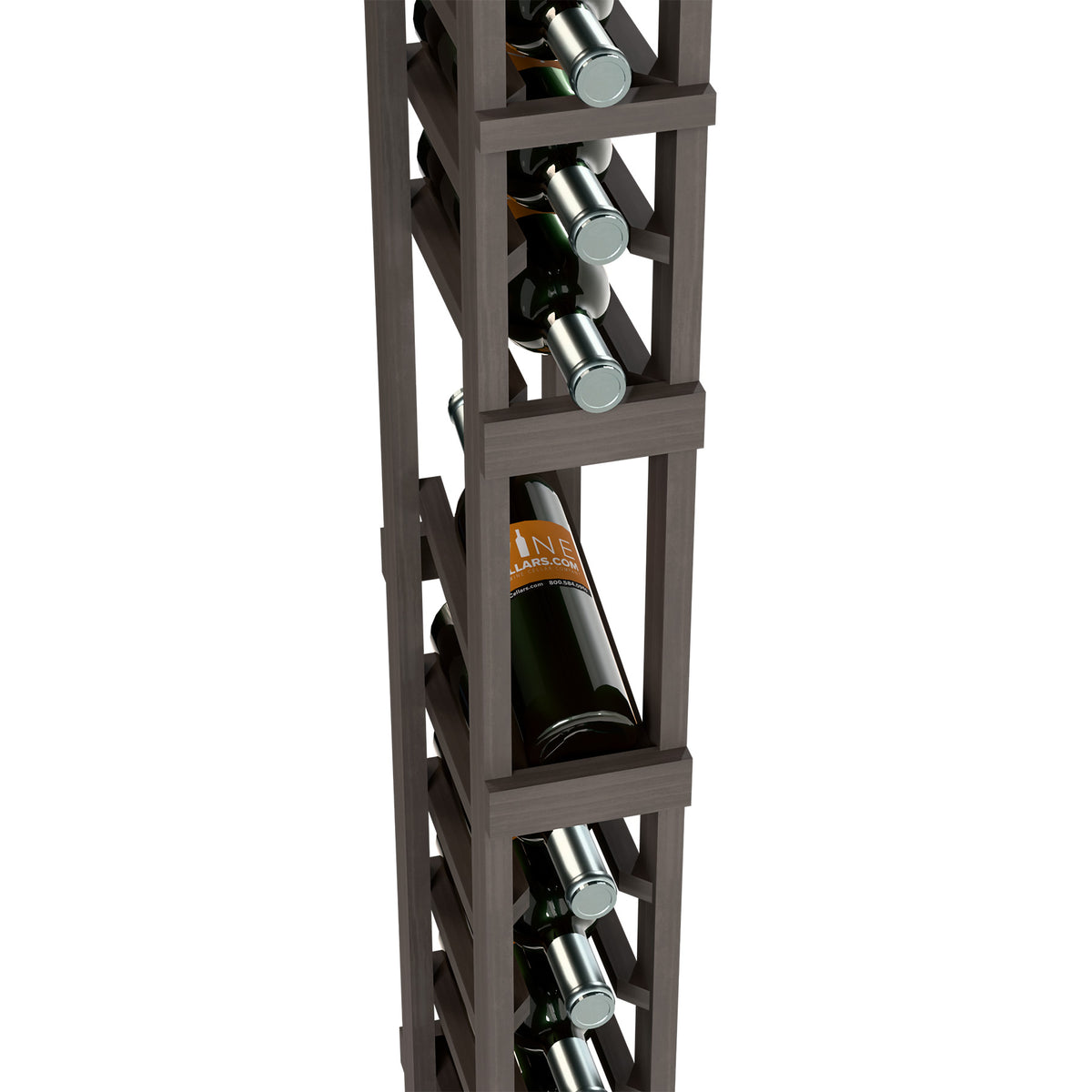 Dark gray wood wine rack with side bracing and bottle holders