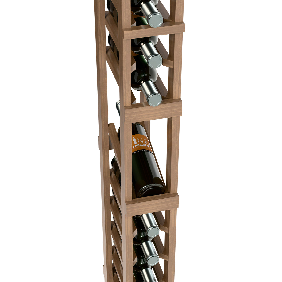 Light wood 1-column wine rack front view with bottle cradles and metal bottle collars