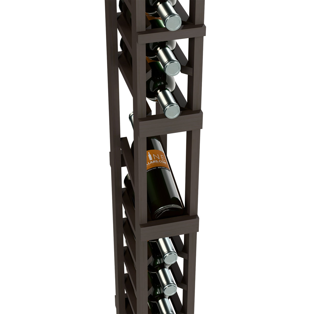 Dark wood 1-column wine rack close-up with bottle cradles and angled bottle positions
