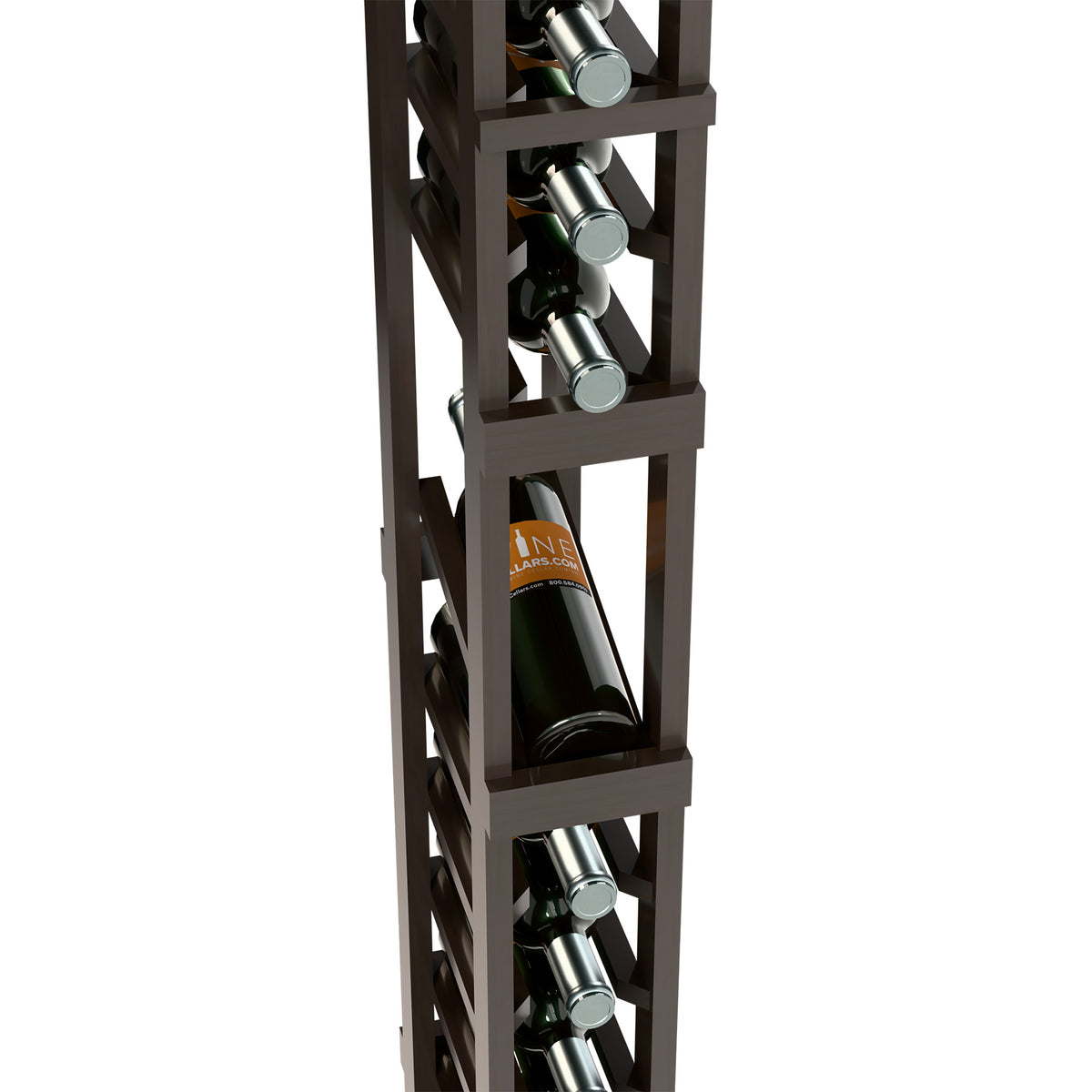 Dark wood 1-column wine rack front view with cradles holding wine bottles vertically