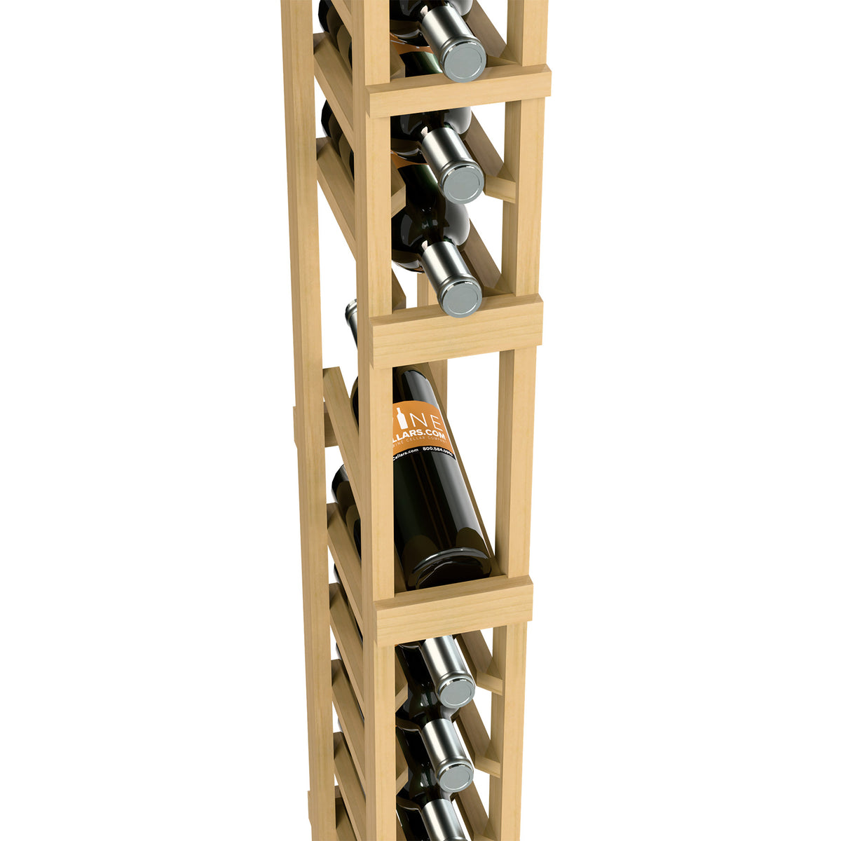 Light wood wine rack front view with bottle cradles and angled wine slots