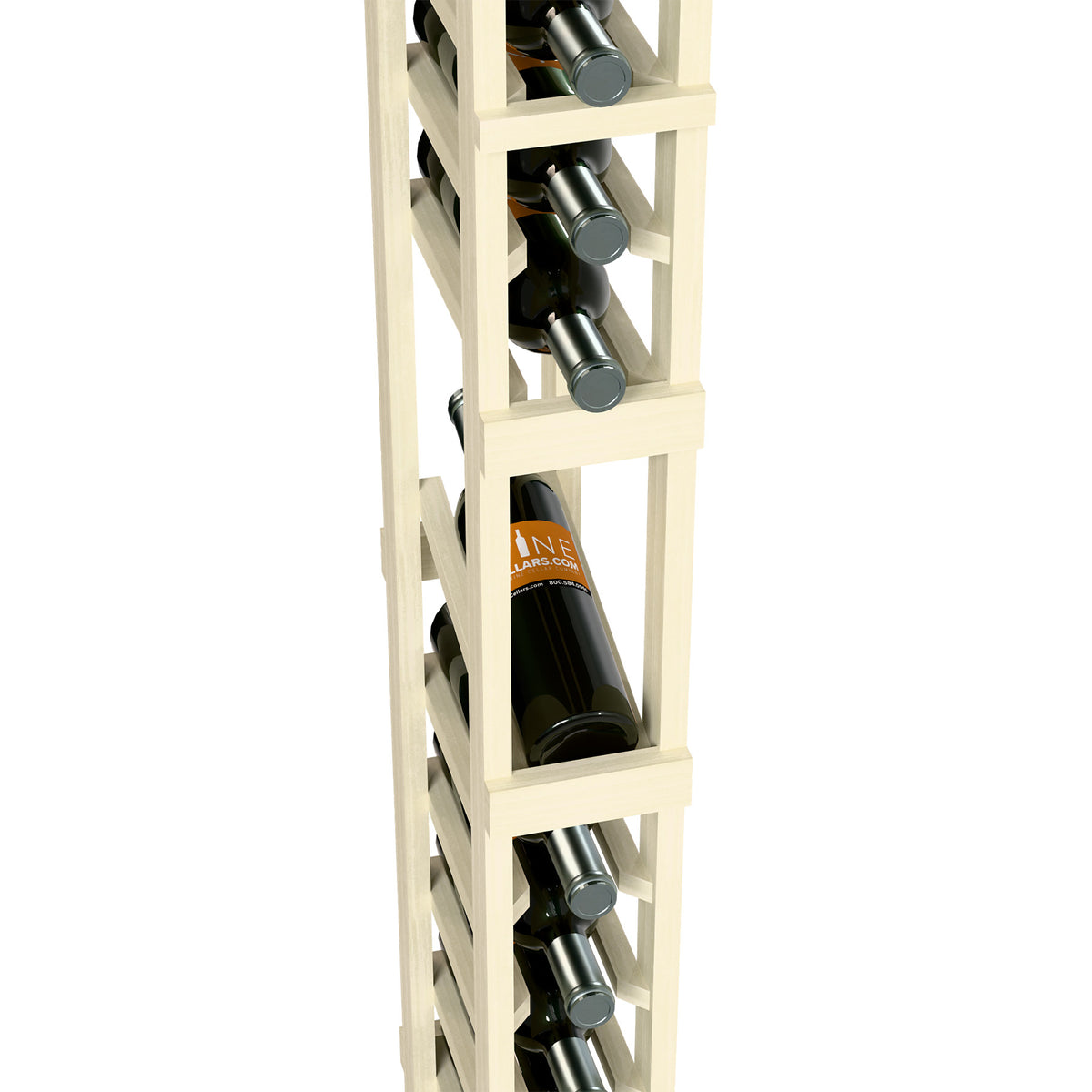 White wood wine rack cubby with bottle and metal bottle-neck holders