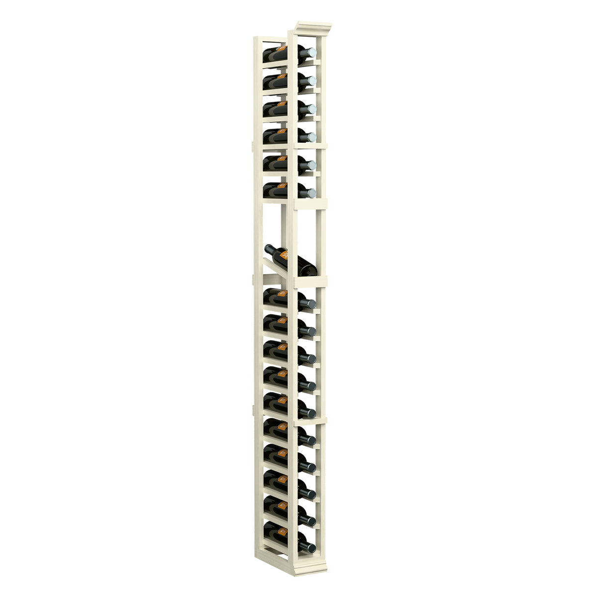 White narrow 1-column wine bottle display rack with vertical slots