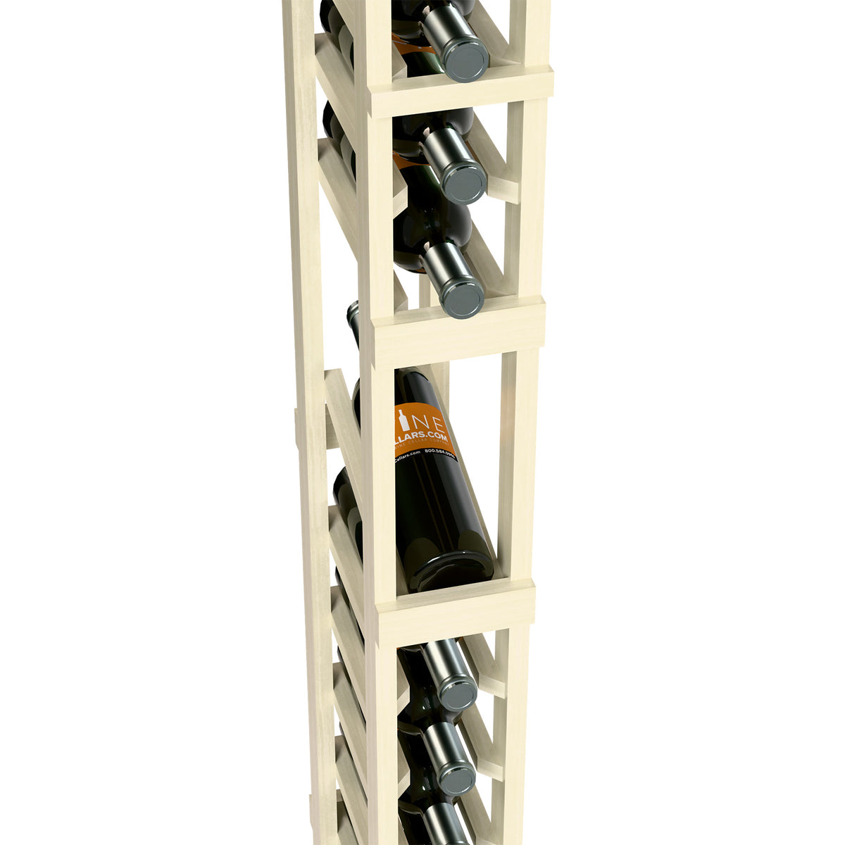 White wood wine rack section with bottle cubby and stacked bottle holders
