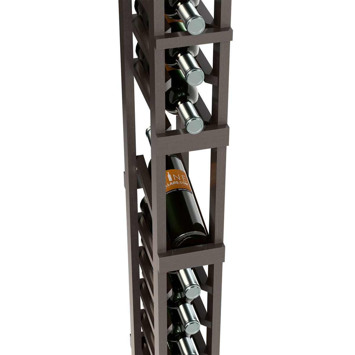 Close-up of 1-column wine rack showing dark wood frame and wine bottles.