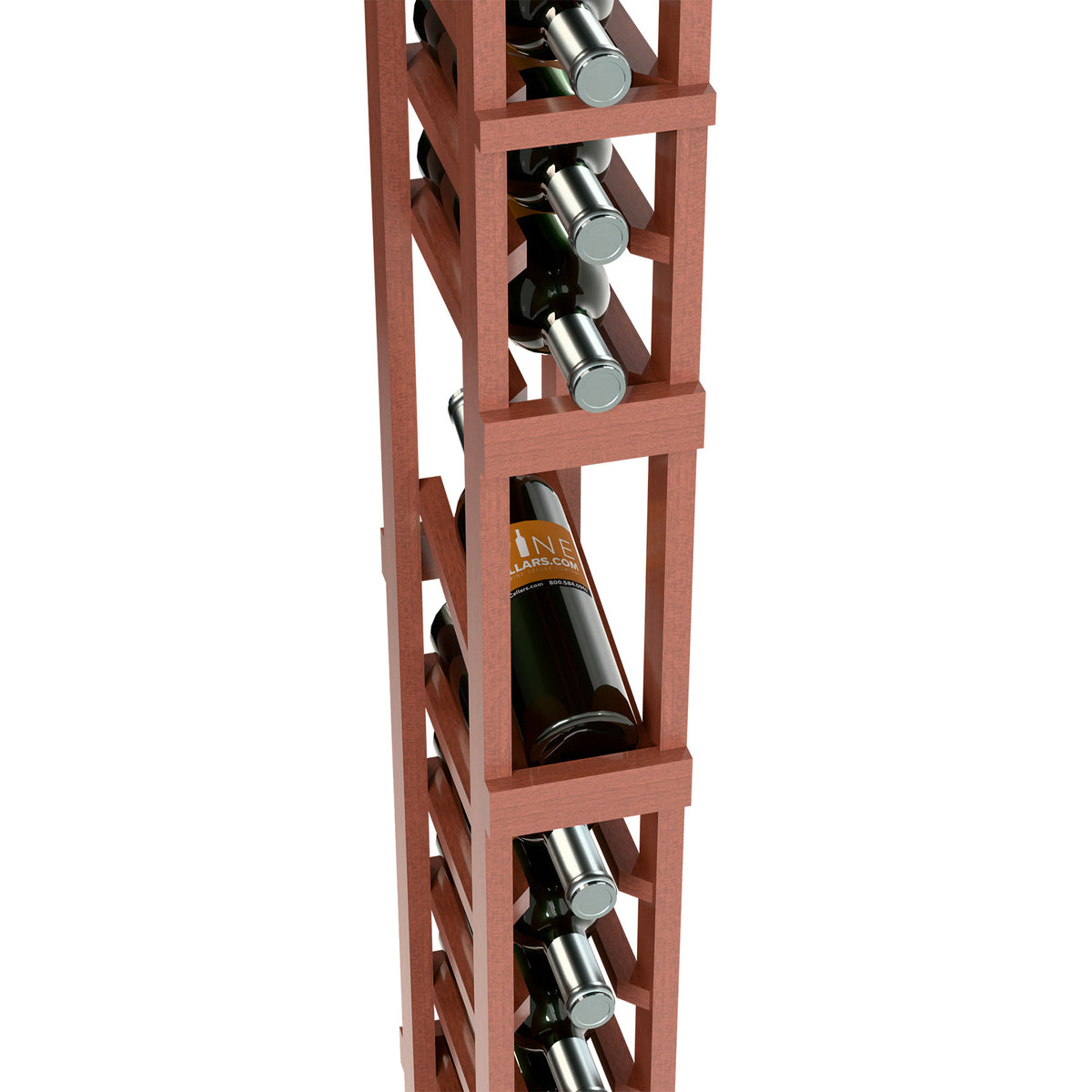 Close-up of 1-column wine rack with reddish wood frame and wine bottles.