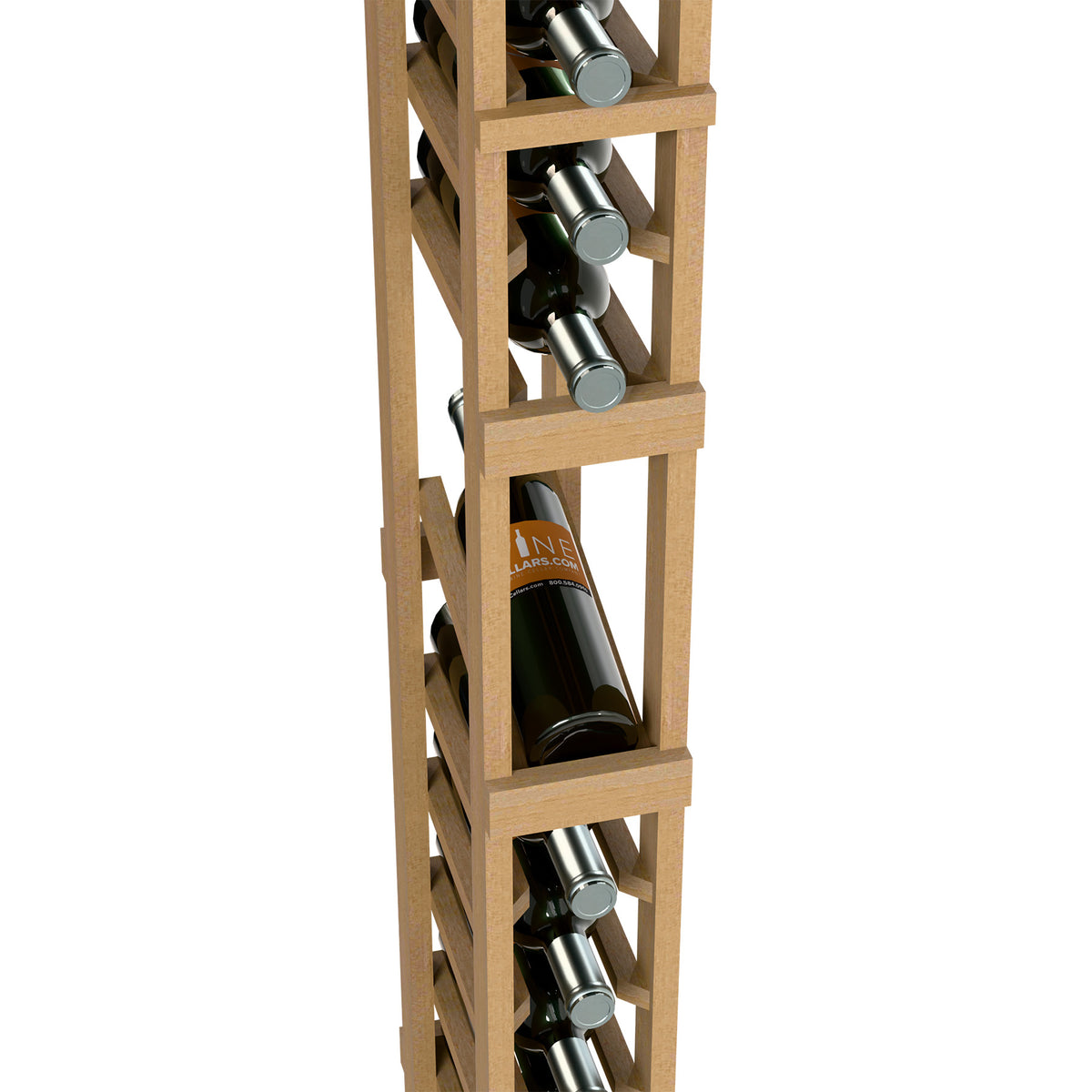 Close-up of 1-column wine bottle rack with light wood frame and bottles.