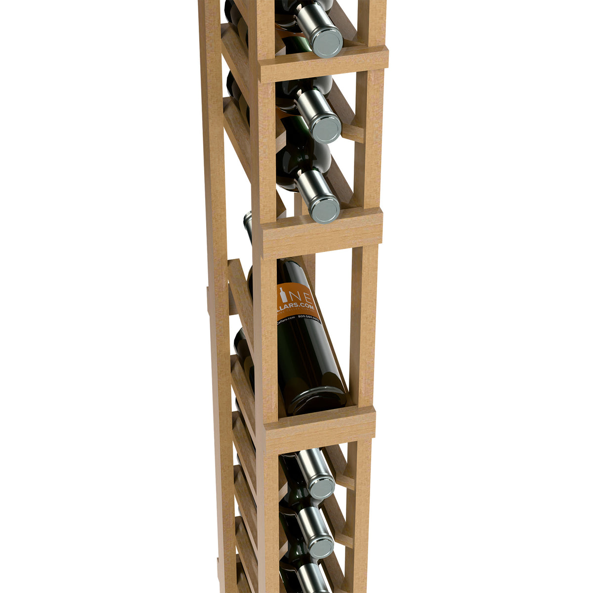 Light wood wine bottle display rack detail with angled bottle slots and a bottle