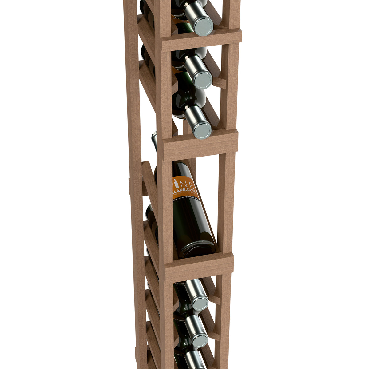 Light wood wine bottle display rack with front row bottle slots and stacked bottles