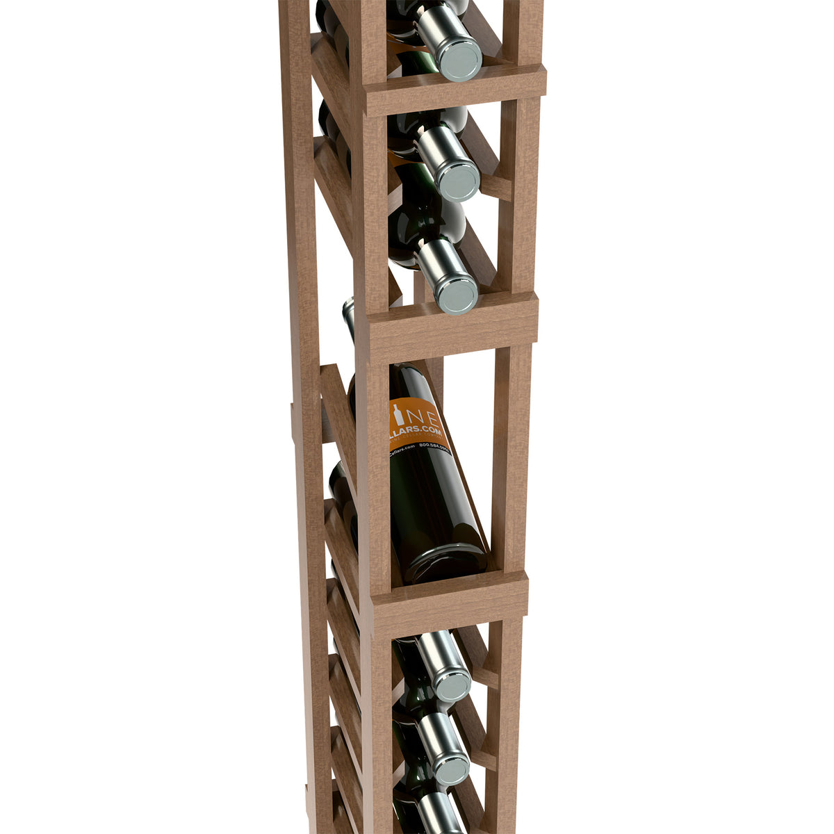 Light wood wine bottle display rack detail with a front bottle slot and angled holders