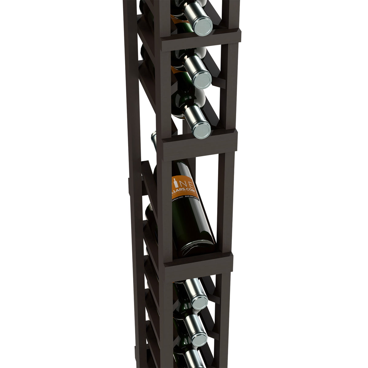 Dark gray wine bottle display rack with front bottle slot and angled bottle holders