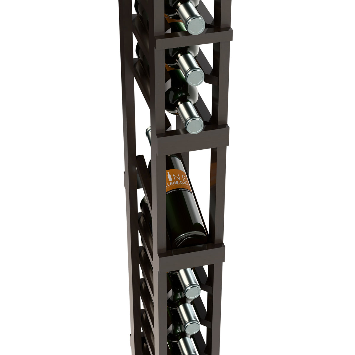 Dark gray wine bottle display rack detail with front bottle slot and angled holders