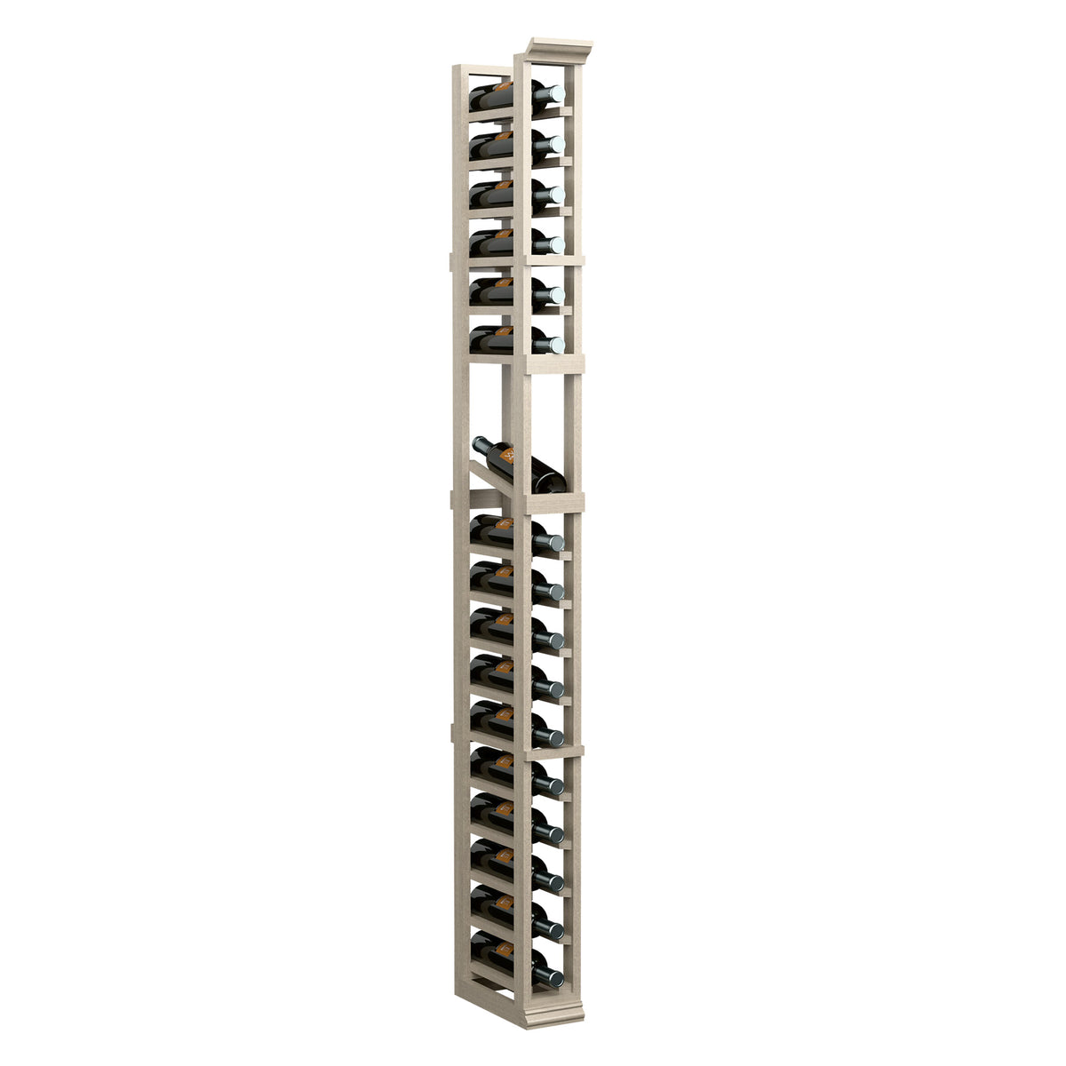 Freestanding 1-column wine rack with angled bottle slots and tall light wood side frame