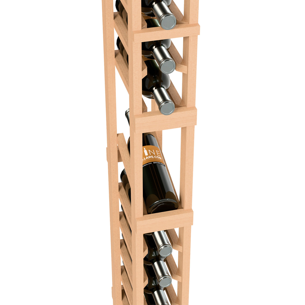 Wine bottle rack close-up showing bottle slots with bottles in a natural light wood frame