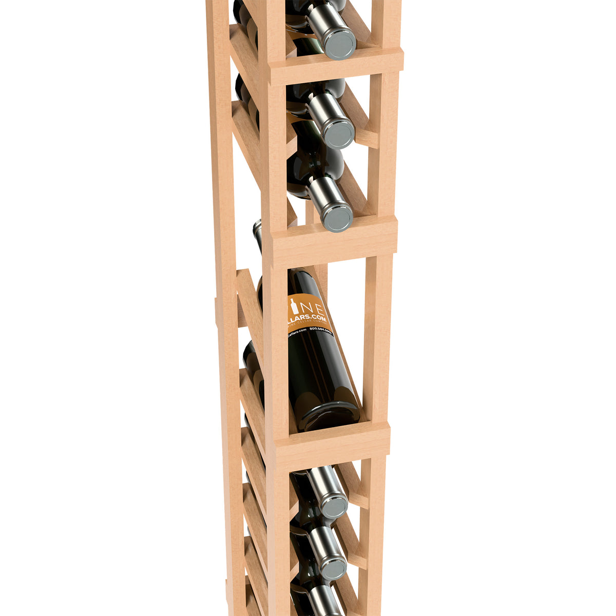 Wine bottle display rack close-up showing angled slots holding bottles in light wood