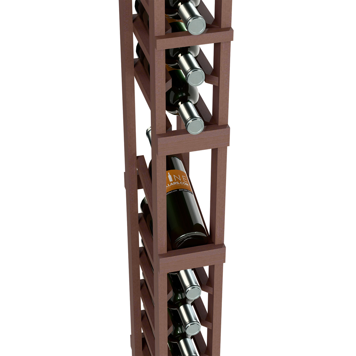 Wine rack close-up showing angled bottle slots with bottles in a dark wood frame