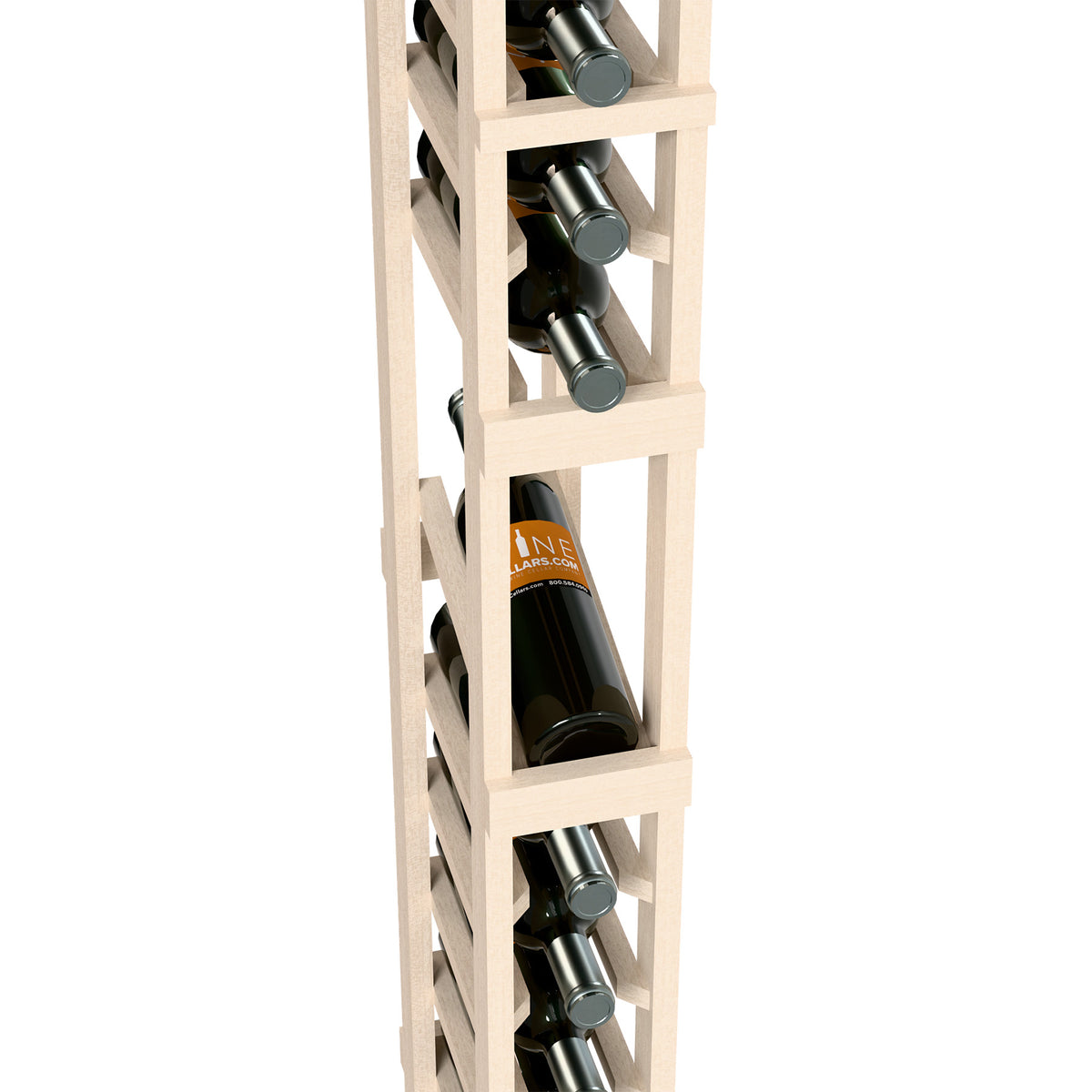 1-column wine rack detail showing white wood cubbies holding wine bottles