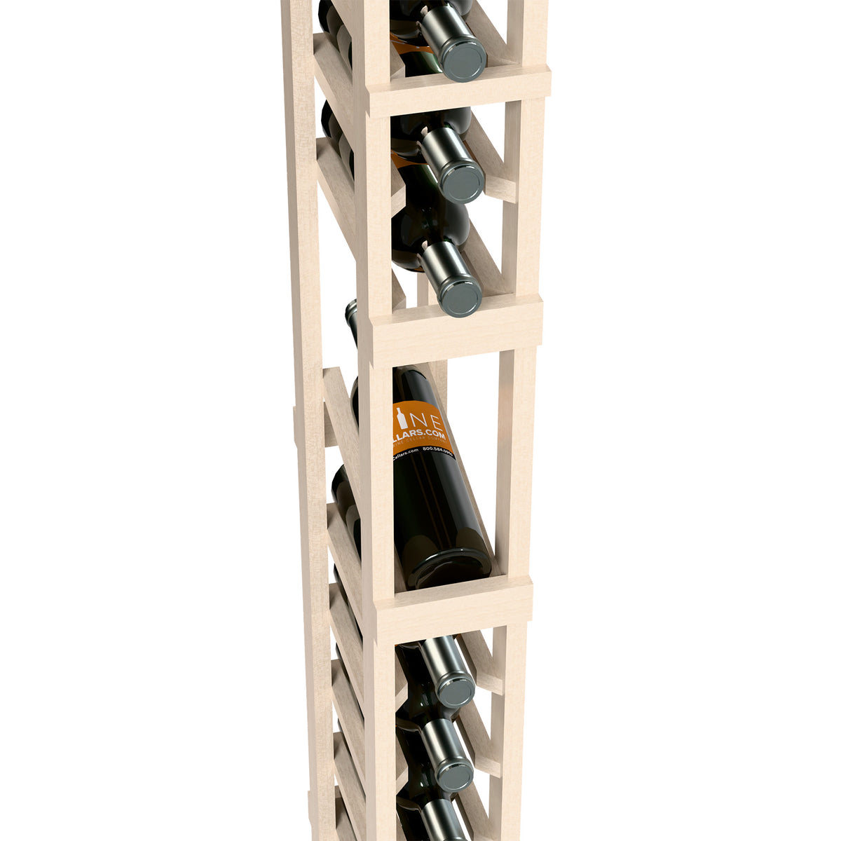 1-column wine rack close-up with white wood compartments holding wine bottles
