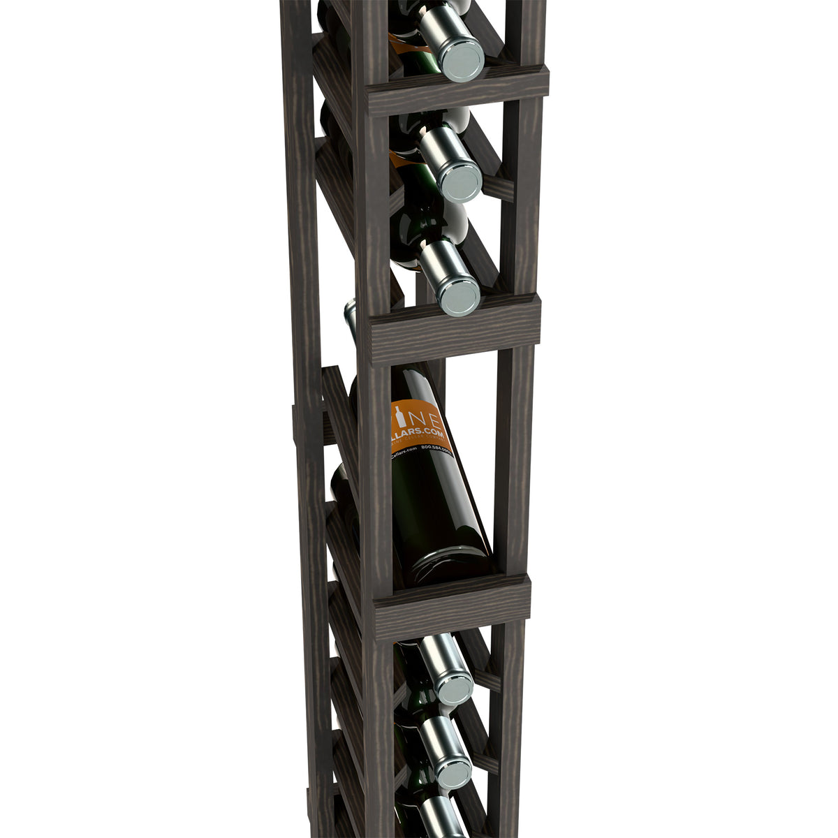 Single-column wine rack detail with stacked bottle slots and metal bottle neck holders