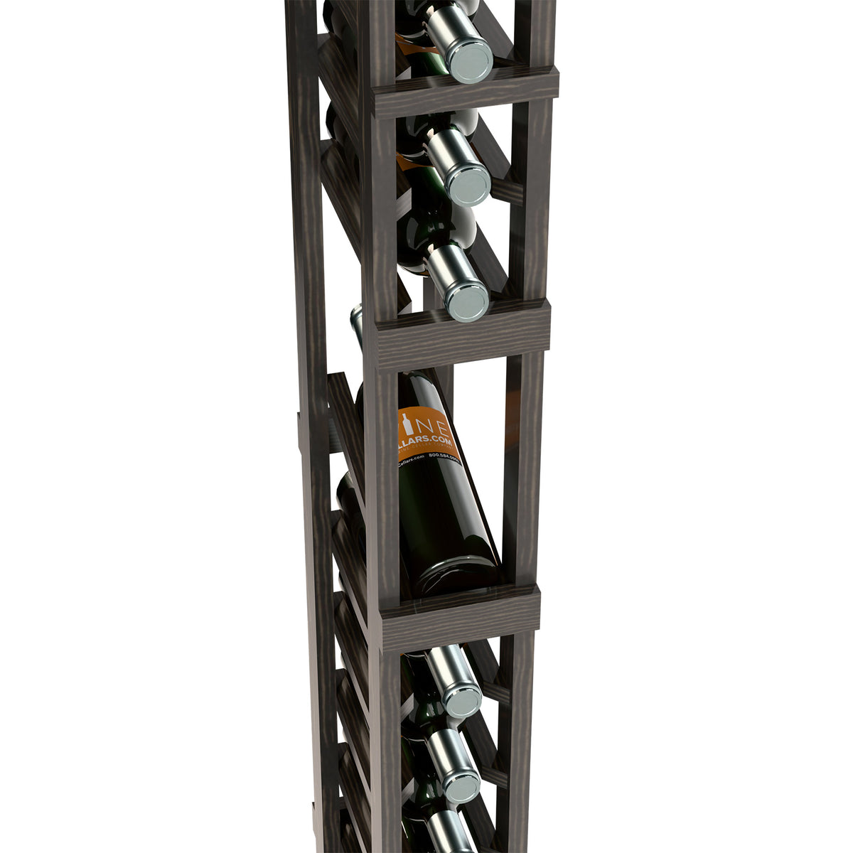 Vertical wine display rack with bottle slots and visible wine bottle and holders, dark wood