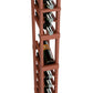 Single-column wine rack detail with bottle slots holding wine bottles, reddish finish