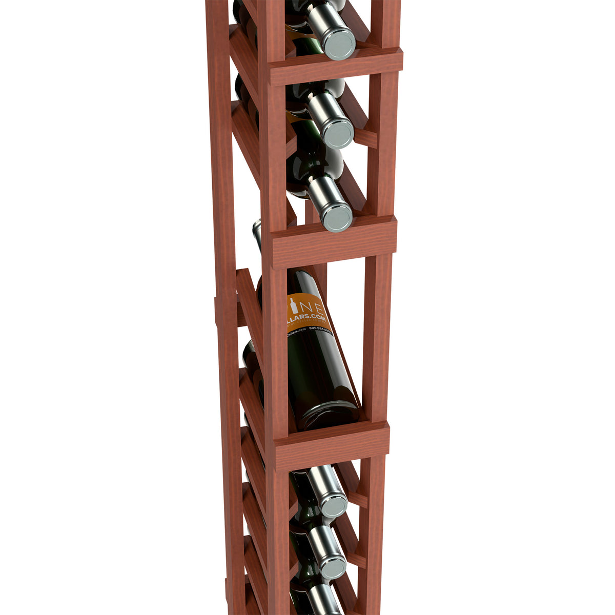 Single-column wine rack detail with bottle slots holding wine bottles, reddish finish