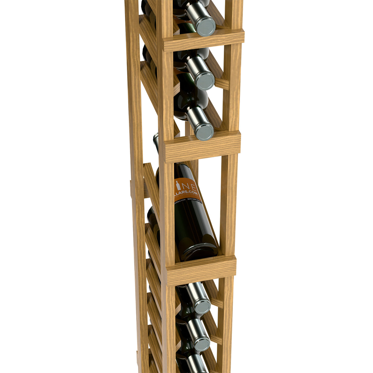 Light wood 1-column wine rack with front bottle cubbies and metal rests