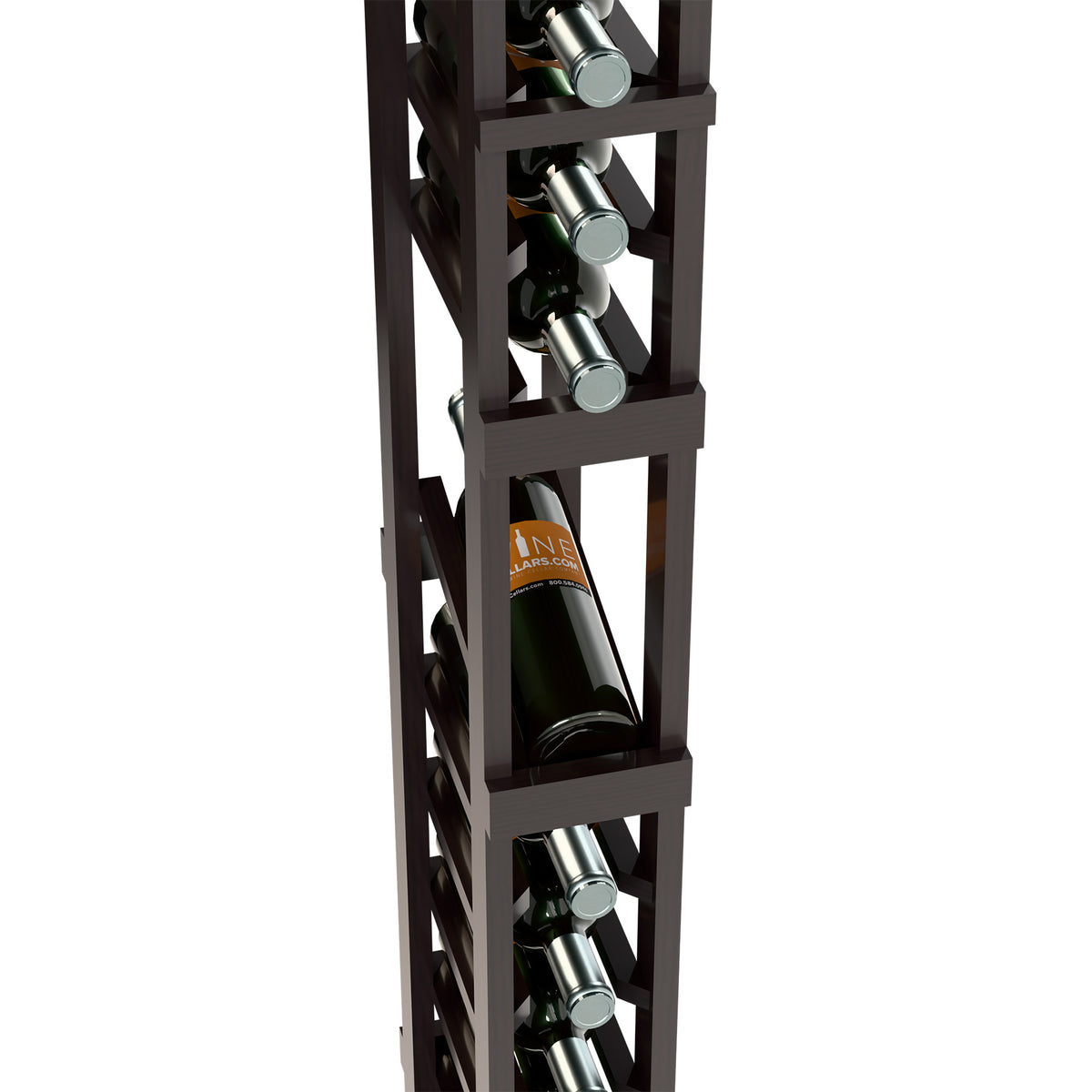 Dark wood 1-column wine rack with front bottle cubbies and metal bottle rests