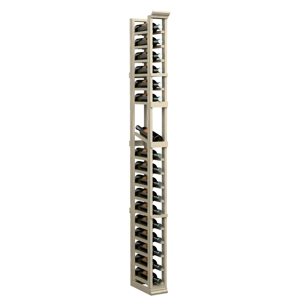 Wood wine display rack with multiple slotted bottle holders, tall 1-column design.