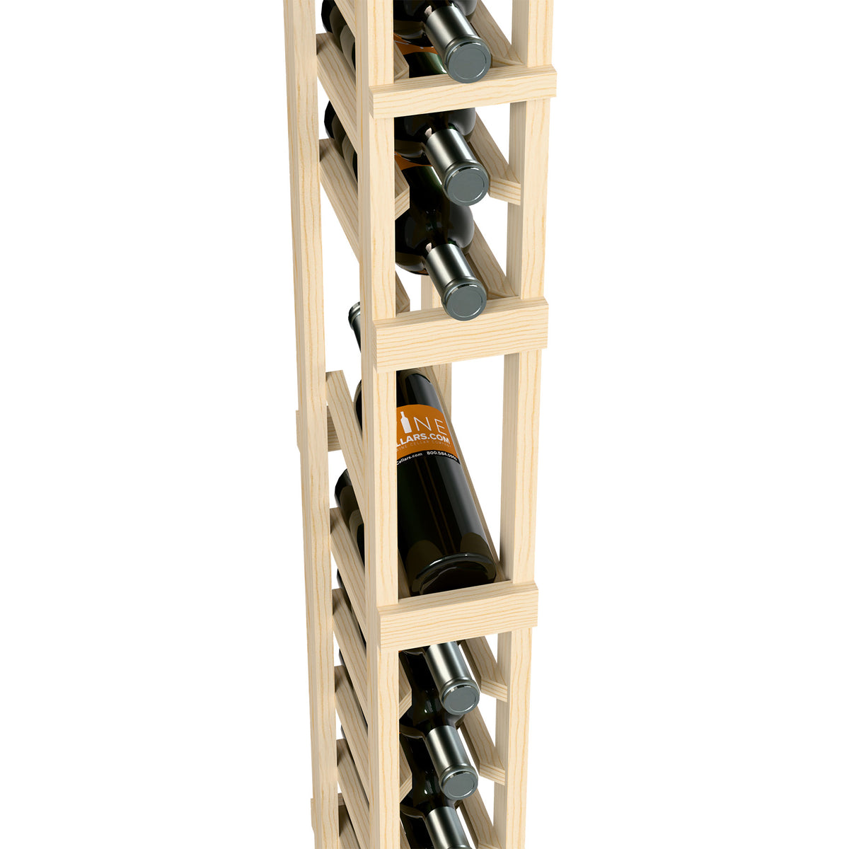 Front close-up of tall wood wine rack holding wine bottles in slotted compartments.