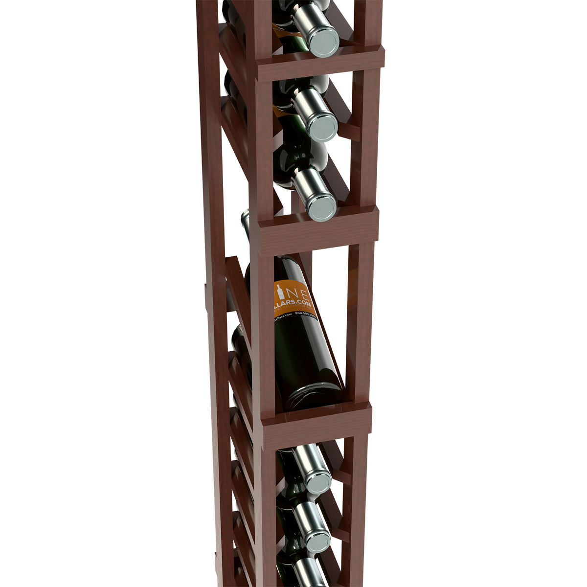 Single-column wine display rack showing bottles in front open cubbies with dark wood
