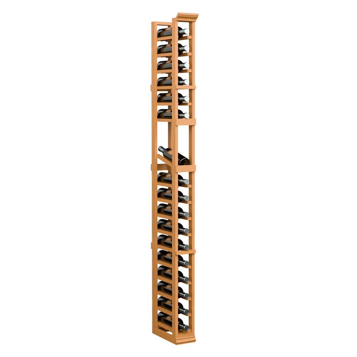 Tall 6ft single-column wine rack with angled bottle slots and light wood frame