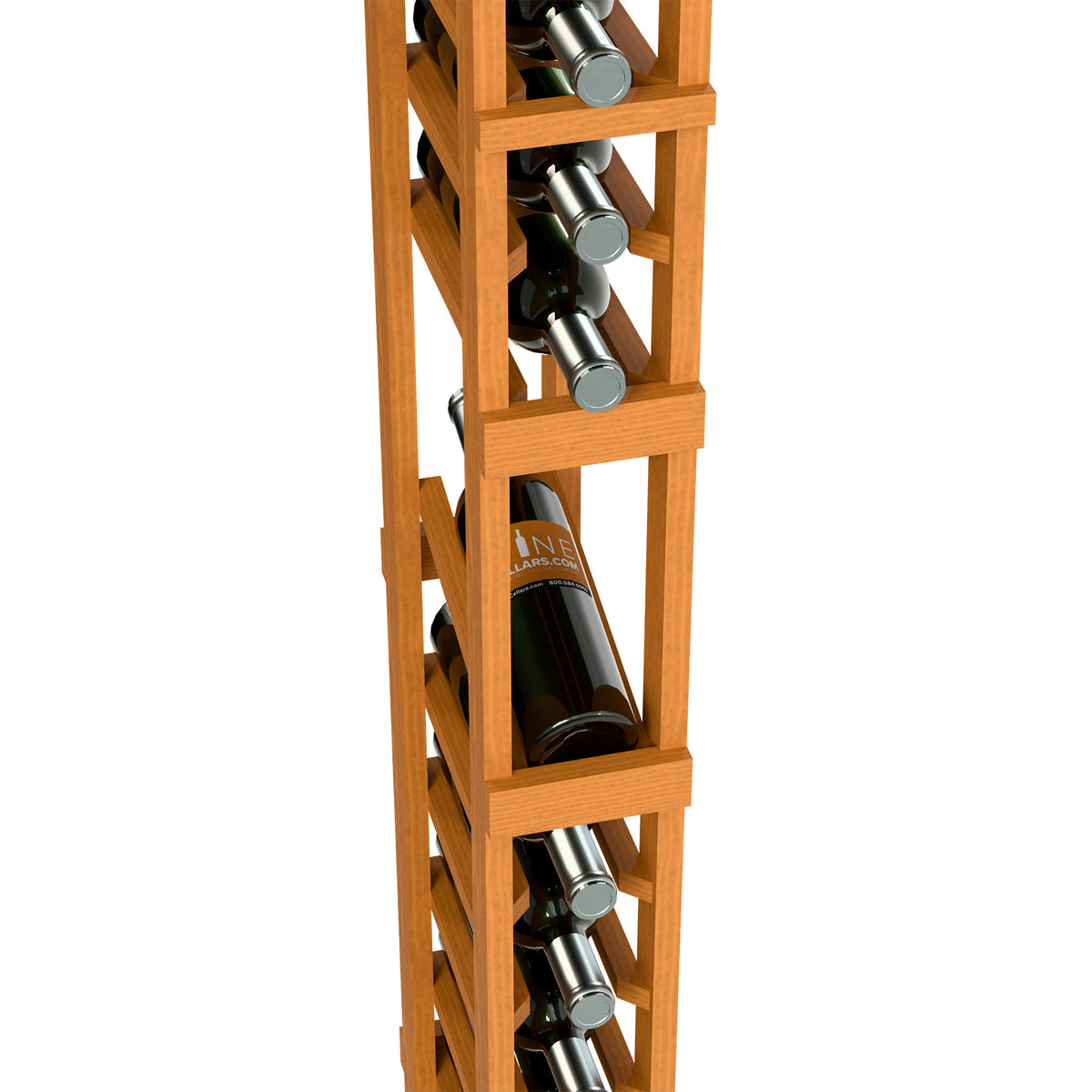 Single-column wine display rack with wine bottles in open front cubbies, light wood