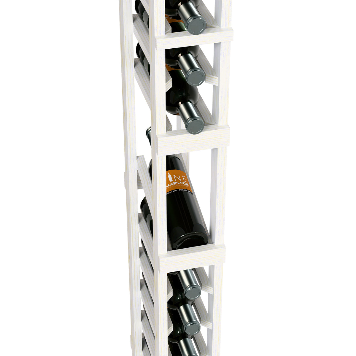 Single-column wine display rack with bottles in open front cubbies, white frame