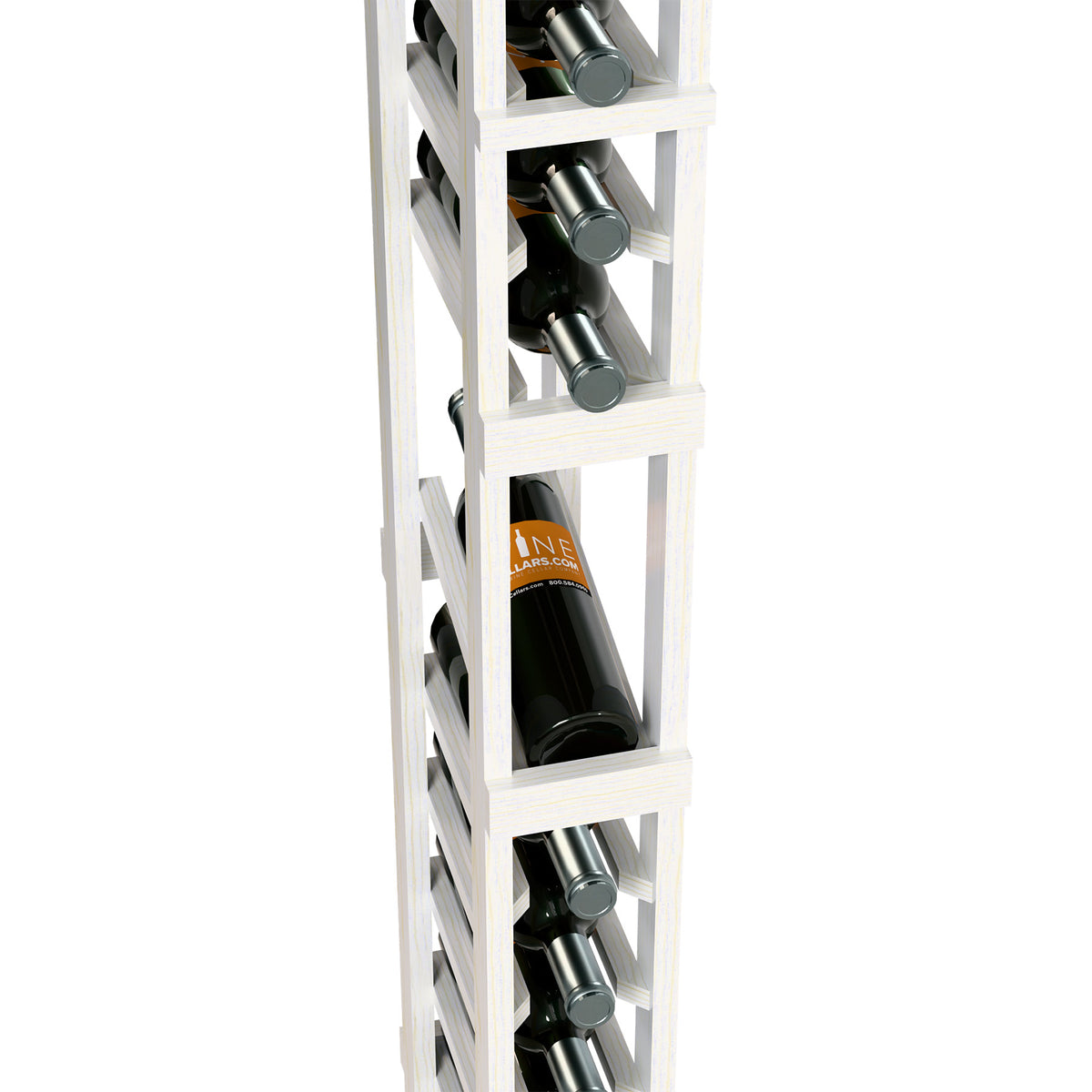 White single-column wine rack with bottles in vertical cubbies and angled holders